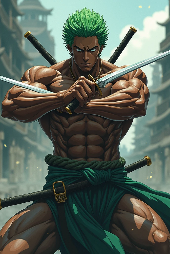 A warrior with three sabers, The man is black, il a les cheveux courts et vert , he is quite muscular, il a un style comme Roronoa Zoro, il est 2 fois moins musclé et il est position de combat