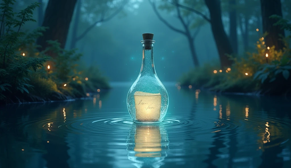 A crystal-clear lake in a secluded forest, with a beautifully intricate glass bottle floating in the water, containing a glowing love letter. The bottle has an unusual shape, it is very beautiful and enticing, The bottle emits a soft, ethereal light, illuminating the surrounding water and casting magical reflections on the nearby trees and plants, Dynamic pose, Strong contrast, Good depth of field, Masterpiece, Aesthetic Mystical illustration in realistic style, best quality, natural light, high res, highly detailed, All the colors and materials in this work are very harmoniously combine, Like the same color. Best quality. 8K Ultra HD. bioluminescent nature
