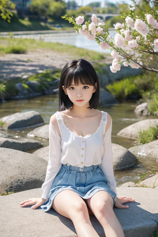 8K,Japanese,,ish,innocent face,innocent look,teenairl,cute,spring-like clothes,Spring weather,everyday wear,black hair,riverbed park,sitting on spread leg ,thighs,Decolletage