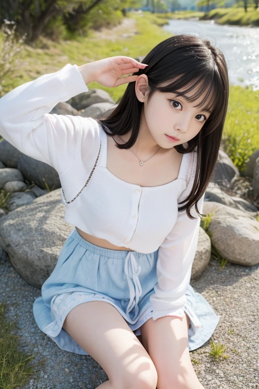 8K,Japanese,,Childish,innocent face,innocent look,teenage girl,cute,spring-like clothes,Spring weather,everyday wear,black hair,riverbed park,sitting on spread leg ,thighs,Decolletage