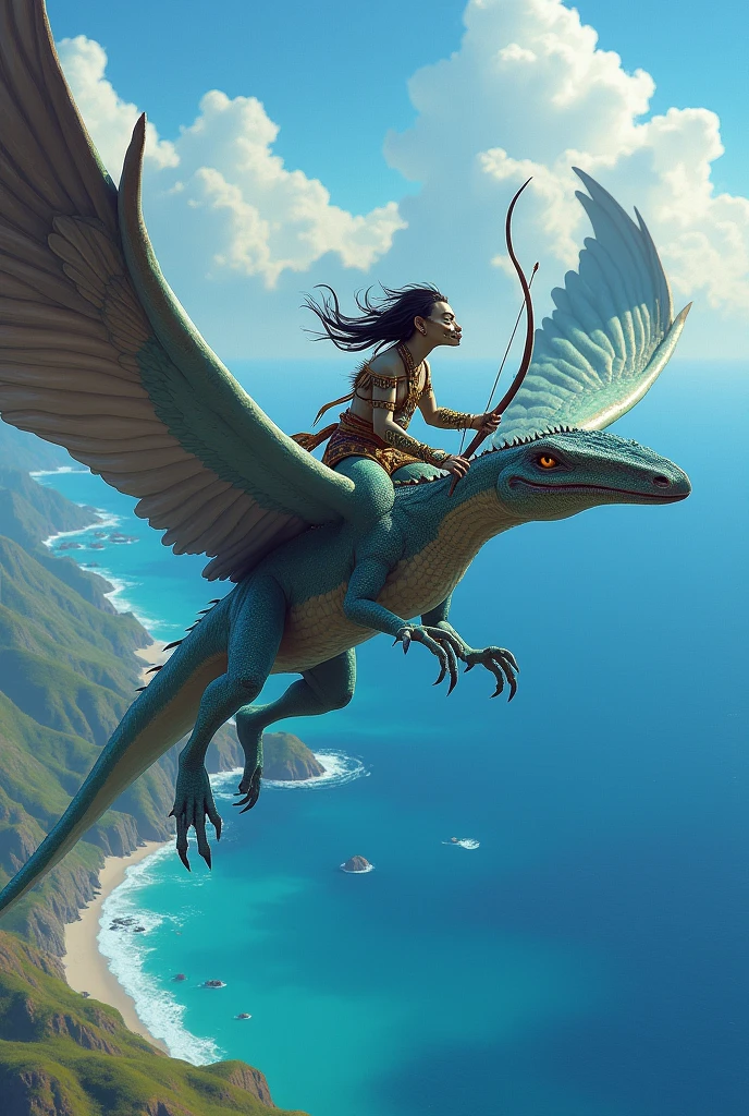 Blue scaled reptilian with tribal attire and holding a bow and arrow, rides on the back of a giant pterodactyl reptile with an incredibly long, thin beak, all colorful without feathers  .she flies over the sea