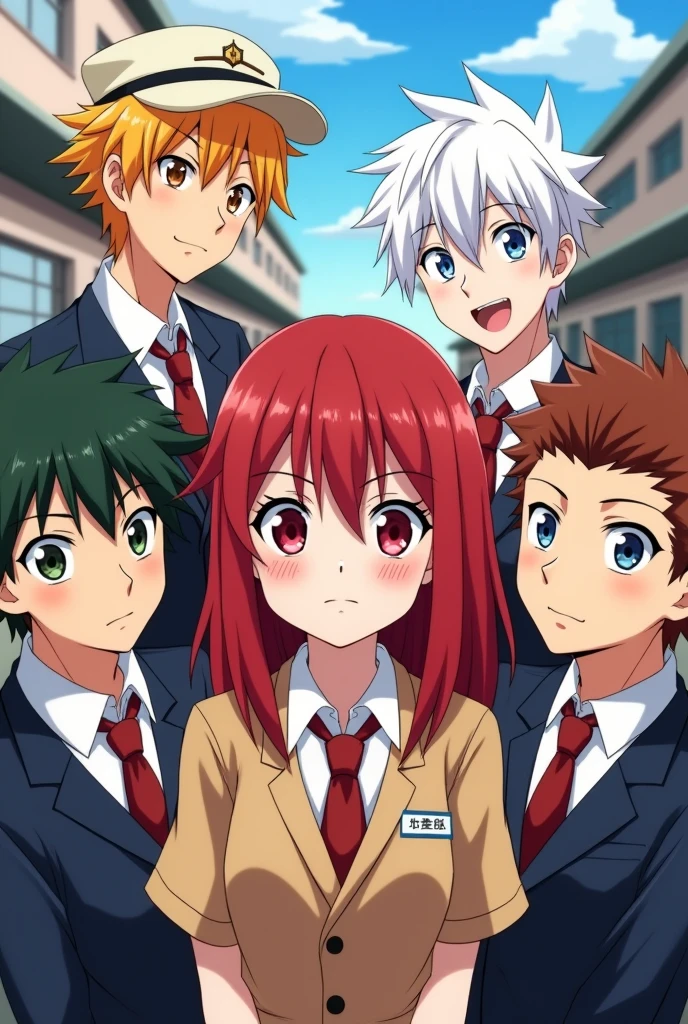 5 anime boy and one girl with a friendly distance in a group pic with Japanese school uniform all boy have difference among them I need one girl first boy on left side he have a cap on his head and on the left side of the girl he have spiky hair golden and the girl is so cute and the right side of the girl have white hair and white eyes and at last the right side of the picture he have look like oreki all the characters have many differences among them the girl have red hair