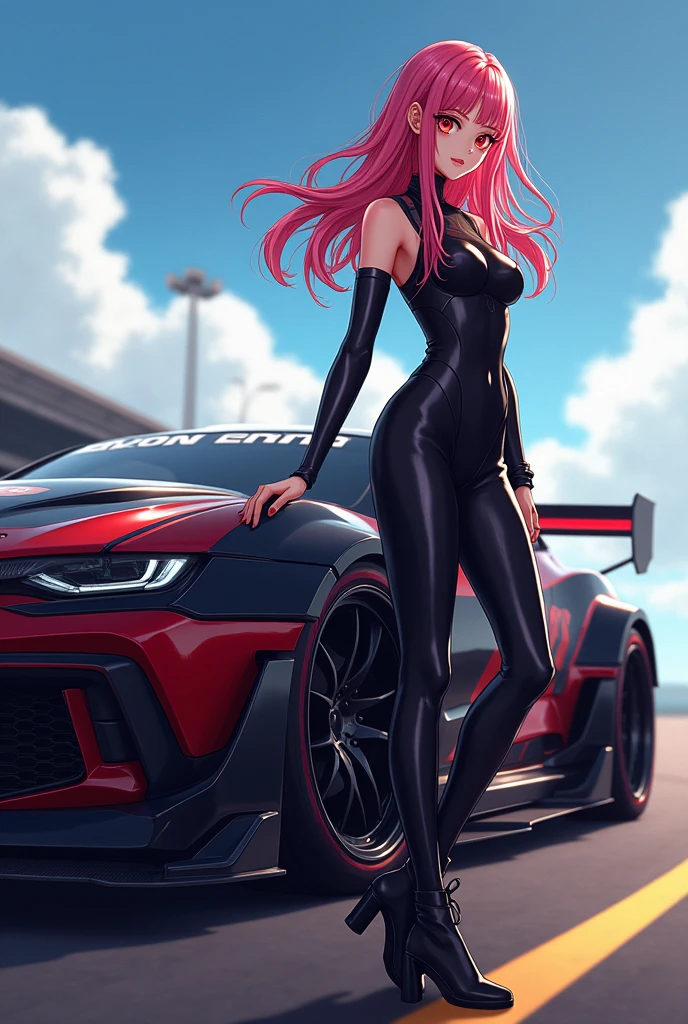Anime girl in a black bodysuit posing next to a racing car, Anime illustration by Krenz Kuszat, Topics on pixiv, Self-sastructing art, Azur Lane Style, Azur Lane Characters, From the Azur Lane video game, artstation pixivでトレンド, From Girls Frontline, Senna from League of Legends, Fascinating anime