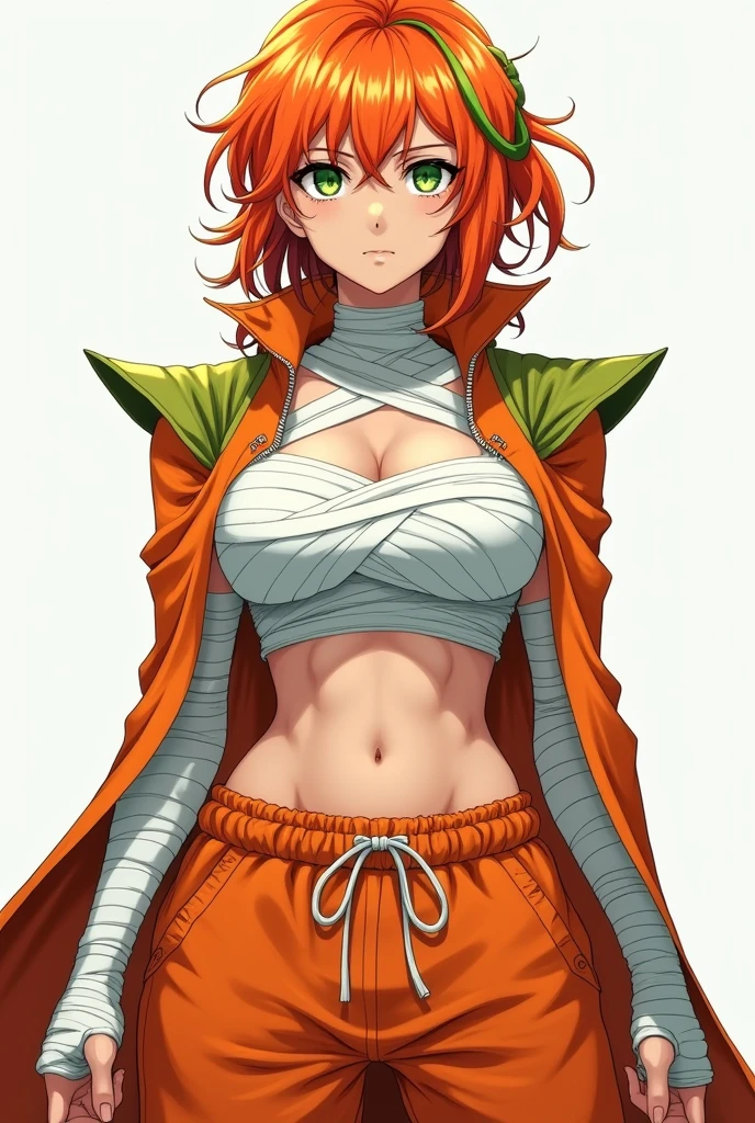 A very muscular anime teenage woman with orange hair with green highlights and green eyes wearing white bandages to cover her breasts completely and wearing baggy orange pants, wearing a long orange overcoat with green details on the shoulders