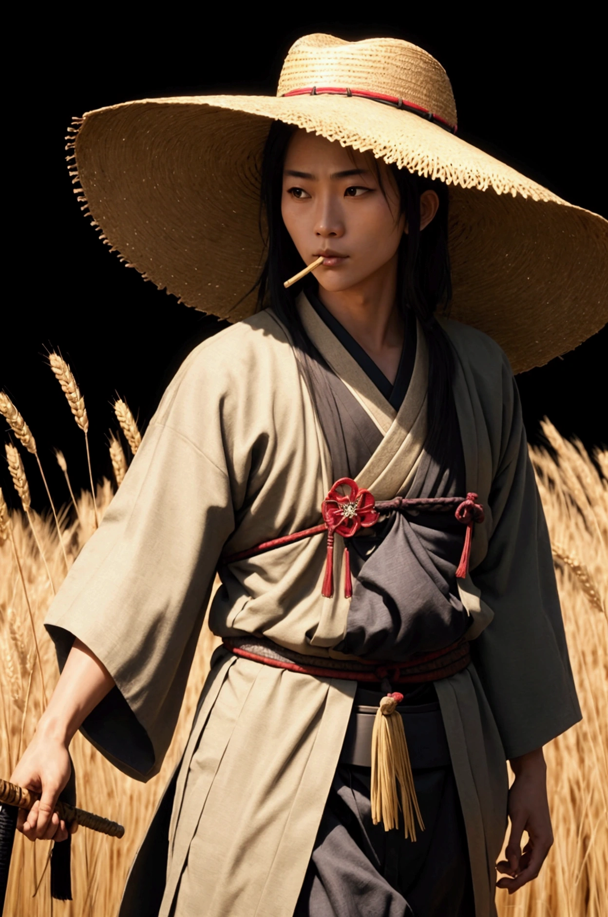 Wandering samurai with long brim straw hat, wheat straw in mouth