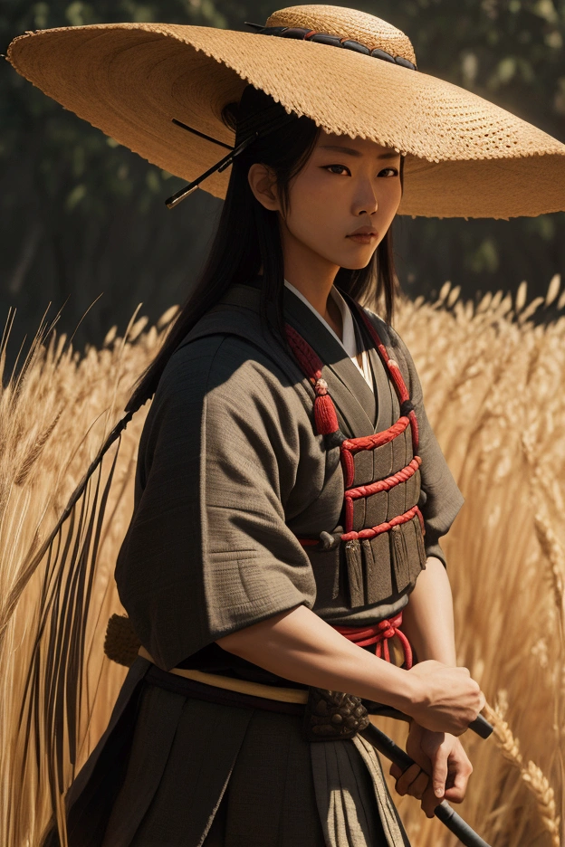 Wandering samurai with long brim straw hat, wheat straw in mouth 