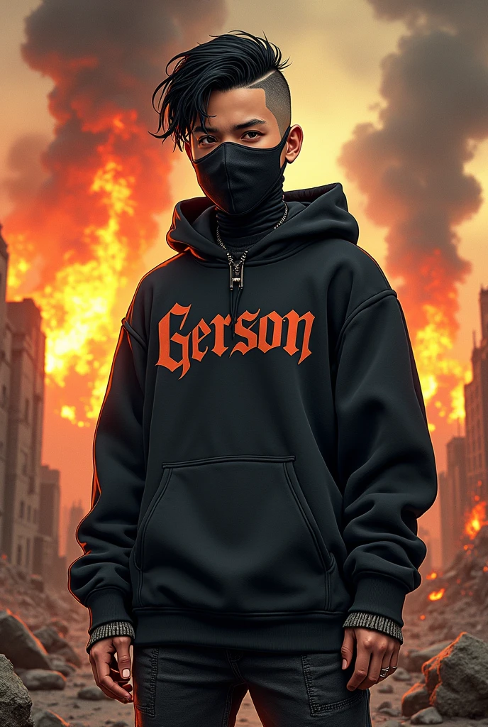 Rocker boy, with sweatshirt named Gerson, in a landscape of destruction and war in hell with lots of fire, megadeth style illustration, Medium long black hair shaved Viking style Viking style haircut age 2 Call of Duty ghost mask