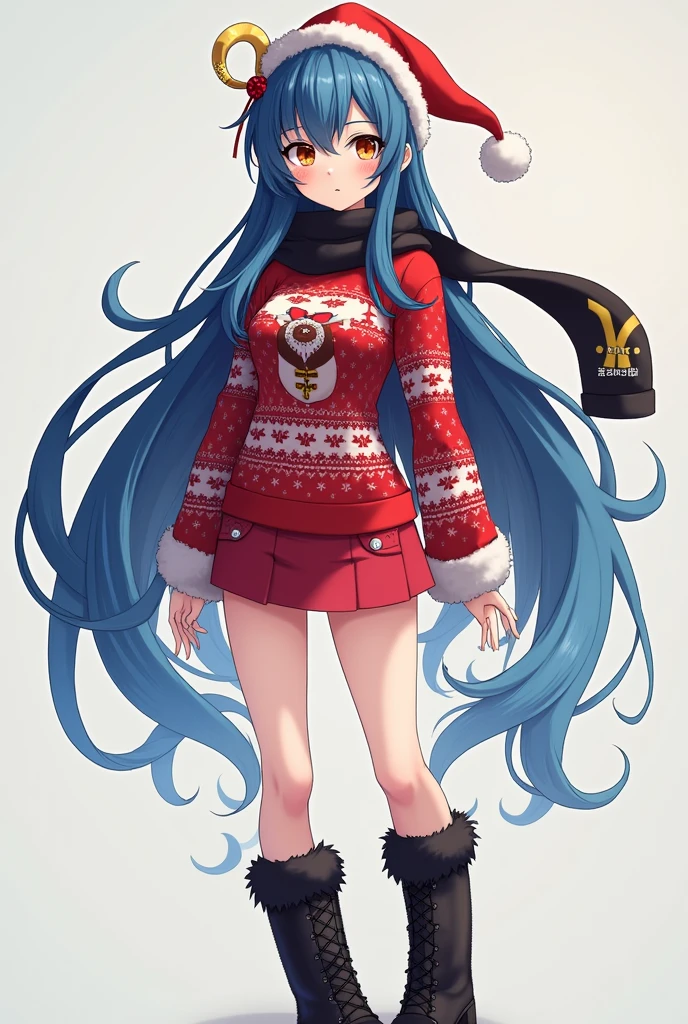 Anime style girl with long blue hair, almost orange yellow eyes, a red Santa Claus Christmas shirt with a Christmas hat and a red mini skirt with black furry boots, a black sweater with a black scarf and a yellow Y in the middle of the sweater, tall and with large and noticeable breasts and a short skirt.
