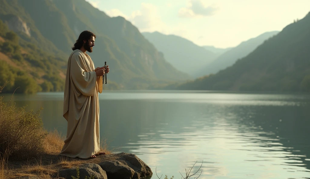 biblical history, 
 Jesus on the edge of the lake with compasses in his hands






