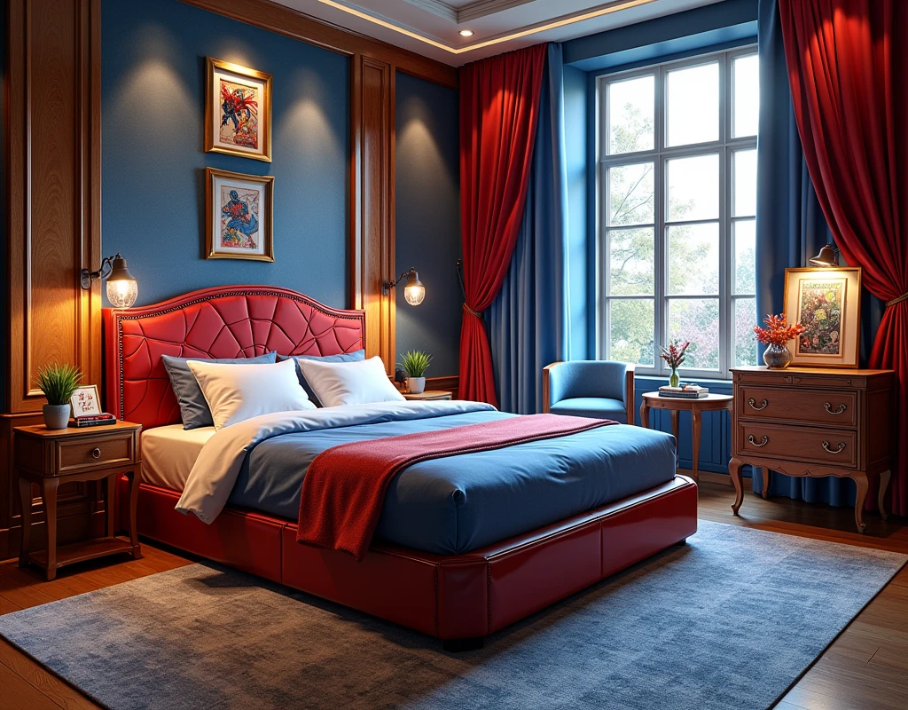 We need a beautiful bed for Spiderman which should be in a room and the room is well decorated.