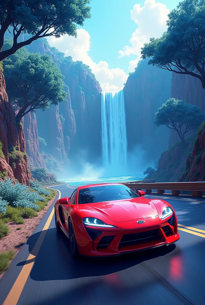 A red car driving on road trees are blue with water fall front of car