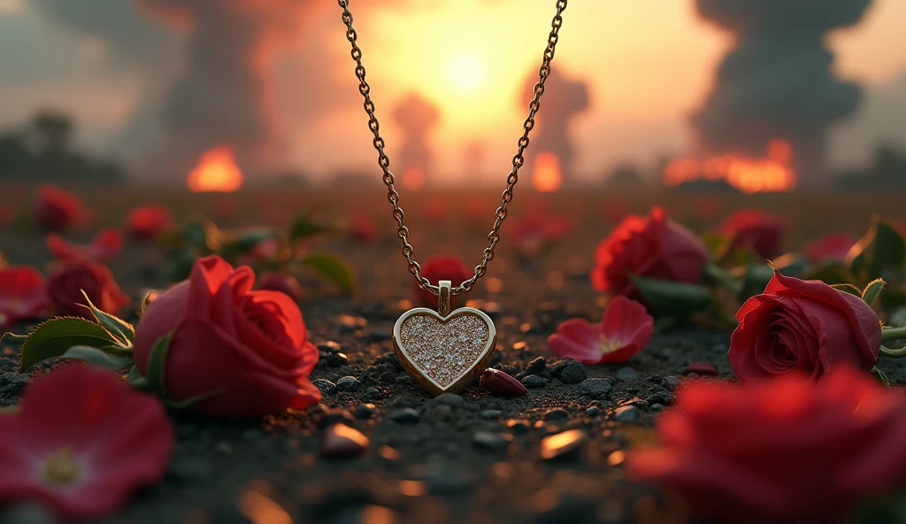 2024; (masterpiece, best quality) destroyed farms roses on the floor; flowers on the ground; necklace with a love heart in Down(close-up); bombs falling from the sky.; fire around.