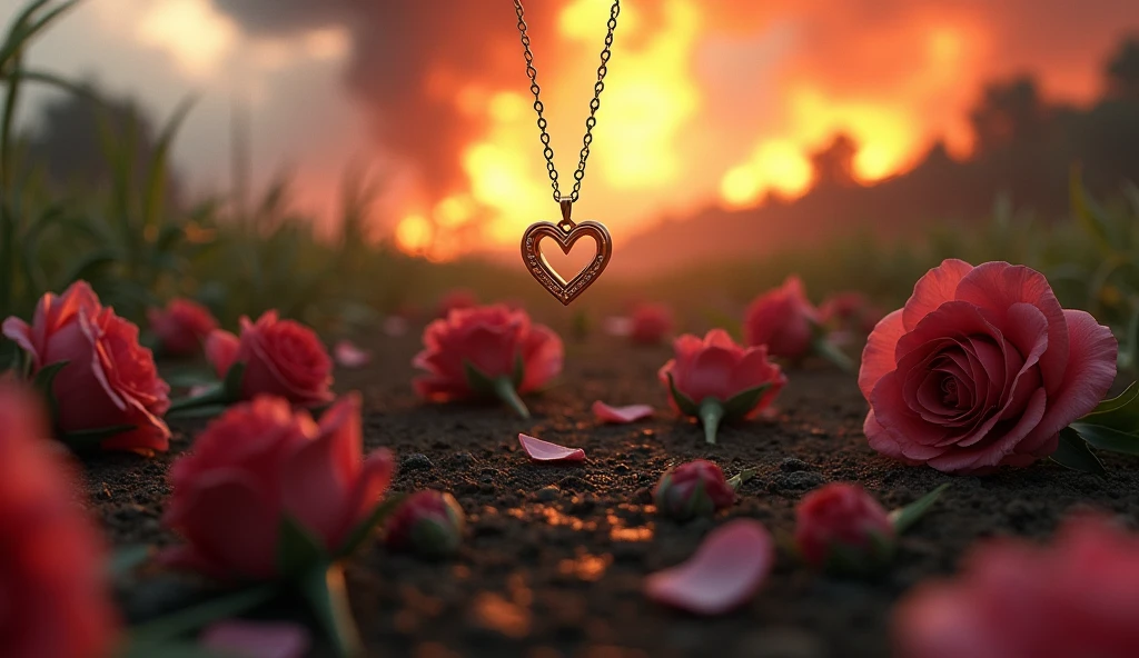 2024; (masterpiece, best quality) destroyed farms roses on the floor; flowers on the ground; necklace with a love heart  in Down(close-up); bombs falling from the sky.; fire around.
