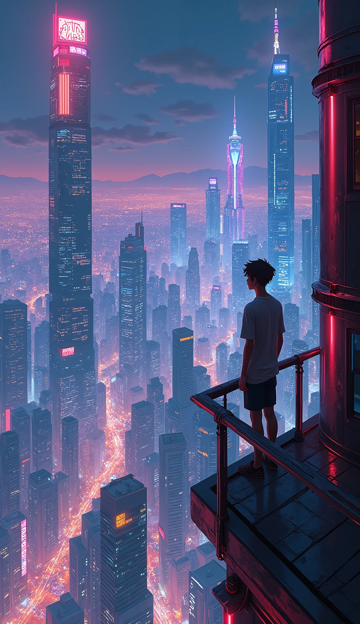 anime cyberpunk theme teenage boy looking at the city from a balcony of a  tallest among all the skyscrapers overlooking a neon glowing city(wide angle view)(glowing effect), makoto shinkai cyril rolando, makoto shinkai. —h 2160, style of afrofuturism aerial view,, ( ( makoto shinkai ) ), makoto shinkai. digital render, makoto shinkai!, beautiful anime sceneHawaii, gta vice style , illustration , reteo comic illustration
