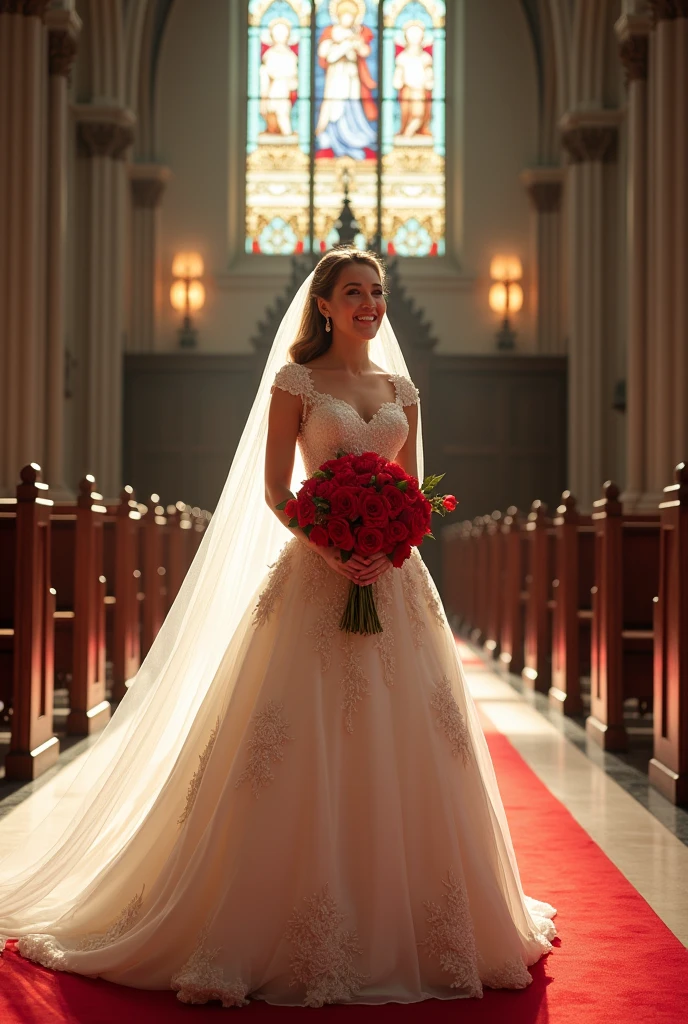 (((bust)))((Works by professional wedding photographers))(( masterpiece. real photos. Super high quality))AMY put on her most beautiful.The most gorgeous.The most noble wedding dress.Standing on the red carpet in a church with stained glass.She has a happy smile on her face.She held a large bouquet of bright roses in her hands.And AMY is more beautiful than flowers.