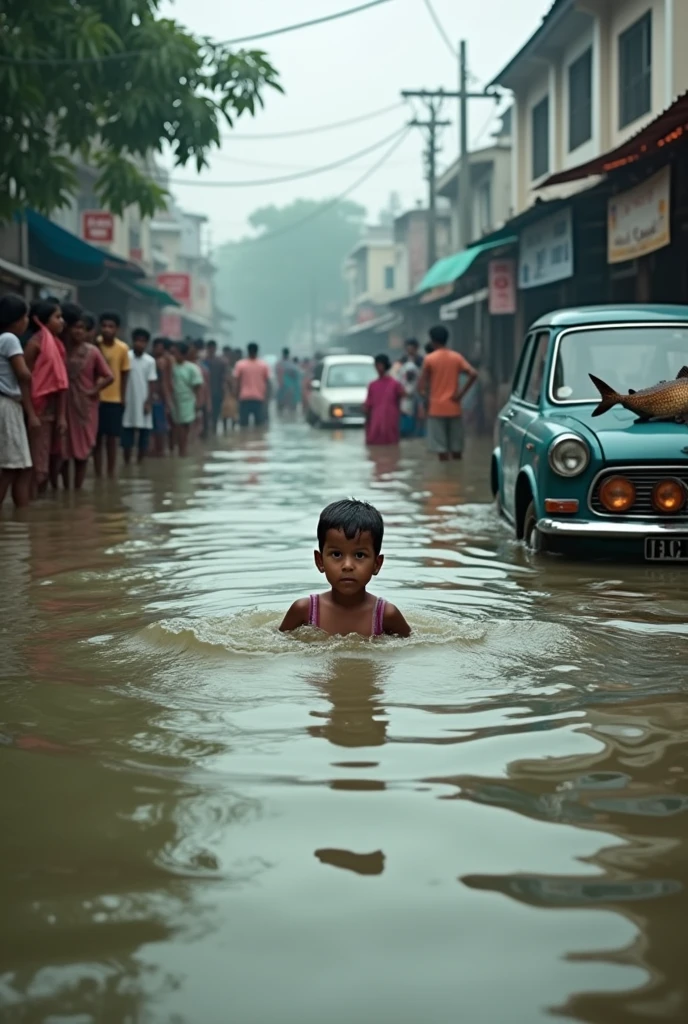Bangladesh Gazipur, Mirer Bazar intersection, floodwaters, a child swimming in the water, people watching, cat fish car