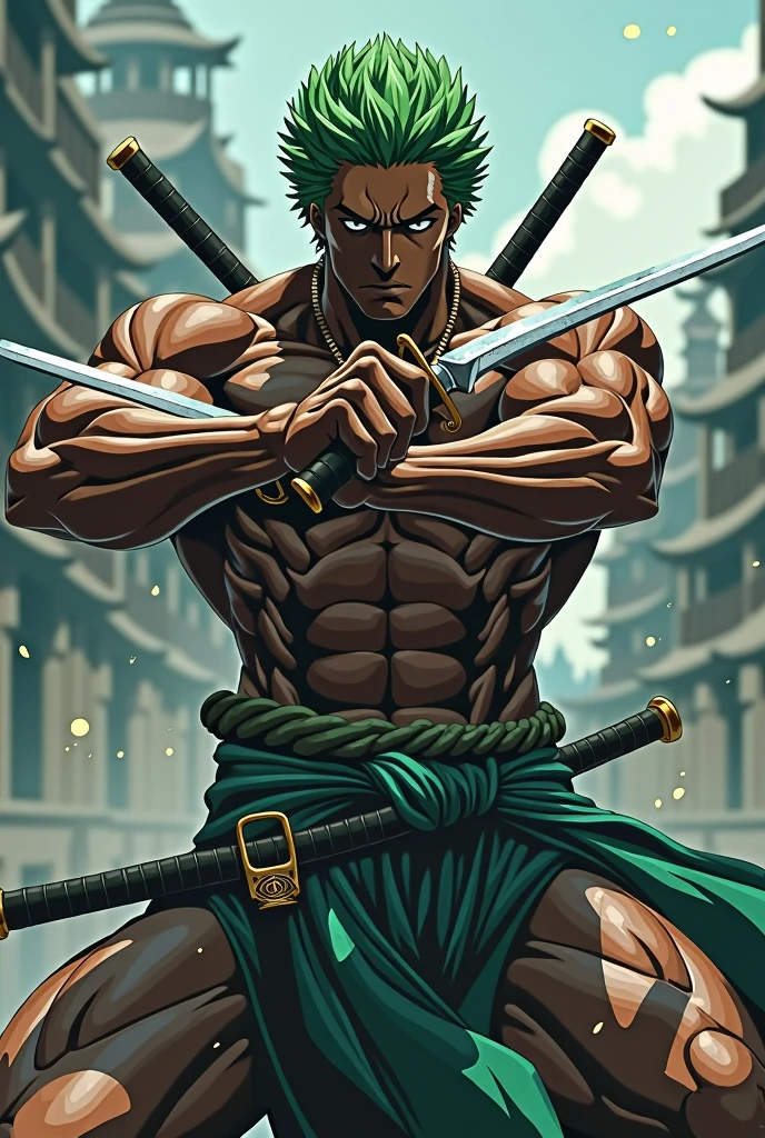 A warrior with three sabers, The man is black, il a les cheveux courts et vert , he is quite muscular, il a un style comme Roronoa Zoro, il est 2 fois moins musclé et il est position de combat