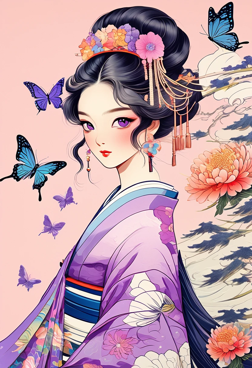 A mesmerizing surreal illustration of a young japanese woman resembling Shinobu Kouchou. She has black hair, purple eyes, a butterfly hair ornament, and wears a vibrant pastel colored outfit adorned with intricate floral patterns. Freckles dot her smooth, warm complexion, and bold, colorful tattoos cover her arms and legs. The tattoos feature traditional Japanese motifs like flowers and mythical creatures, rendered with meticulous detail in a pastel color palette. The background is a vintage floral-patterned wallpaper that complements the artwork's colors. The line work is precise, with delicate shading that gives the illustration a 3D quality. The artwork fuses modern illustration techniques with traditional Japanese aesthetics, resulting in a visually striking, portrait,