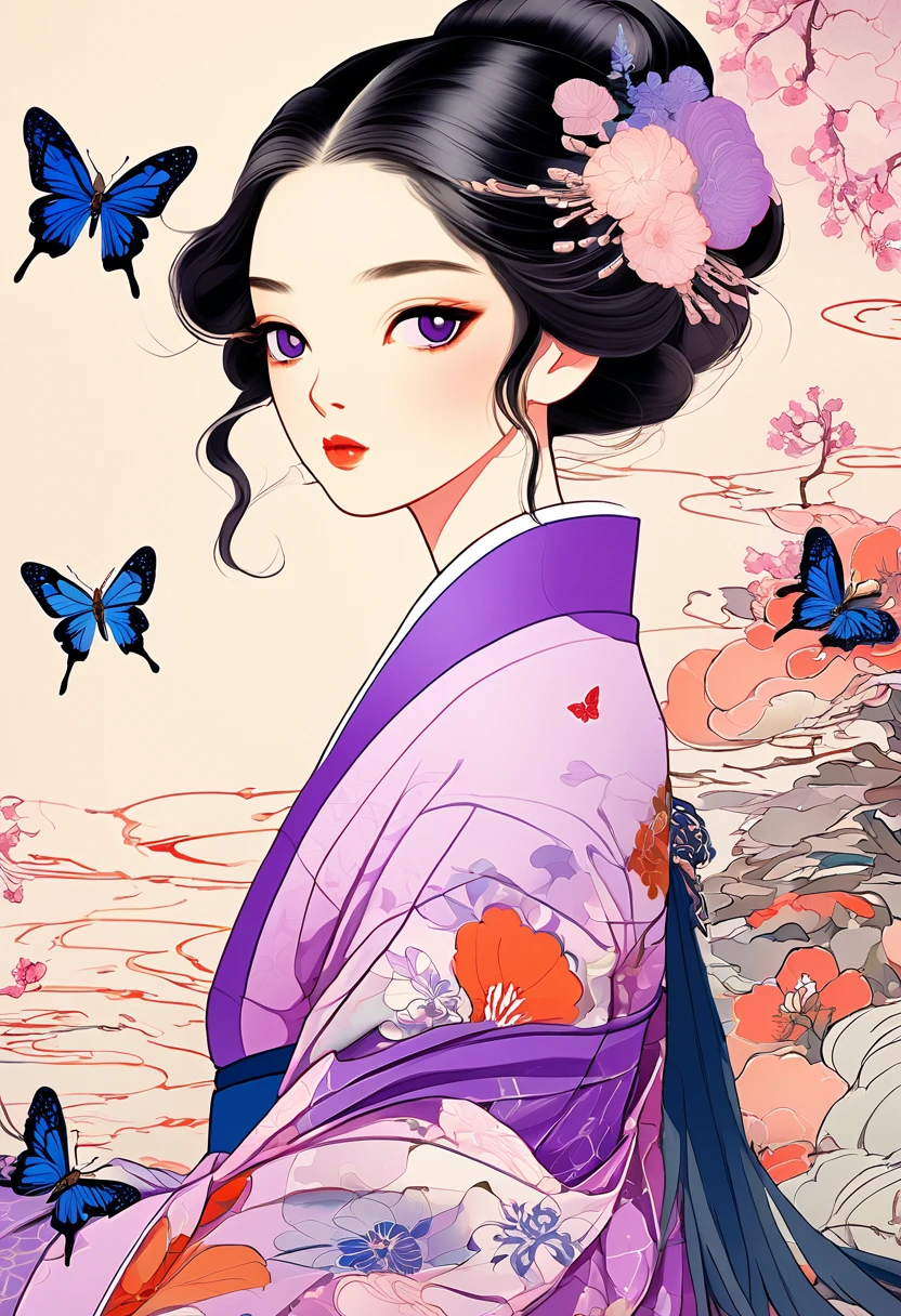 A mesmerizing surreal illustration of a young japanese woman resembling Shinobu Kouchou. She has black hair, purple eyes, a butterfly hair ornament, and wears a vibrant pastel colored outfit adorned with intricate floral patterns. Freckles dot her smooth, warm complexion, and bold, colorful tattoos cover her arms and legs. The tattoos feature traditional Japanese motifs like flowers and mythical creatures, rendered with meticulous detail in a pastel color palette. The background is a vintage floral-patterned wallpaper that complements the artwork's colors. The line work is precise, with delicate shading that gives the illustration a 3D quality. The artwork fuses modern illustration techniques with traditional Japanese aesthetics, resulting in a visually striking, portrait,