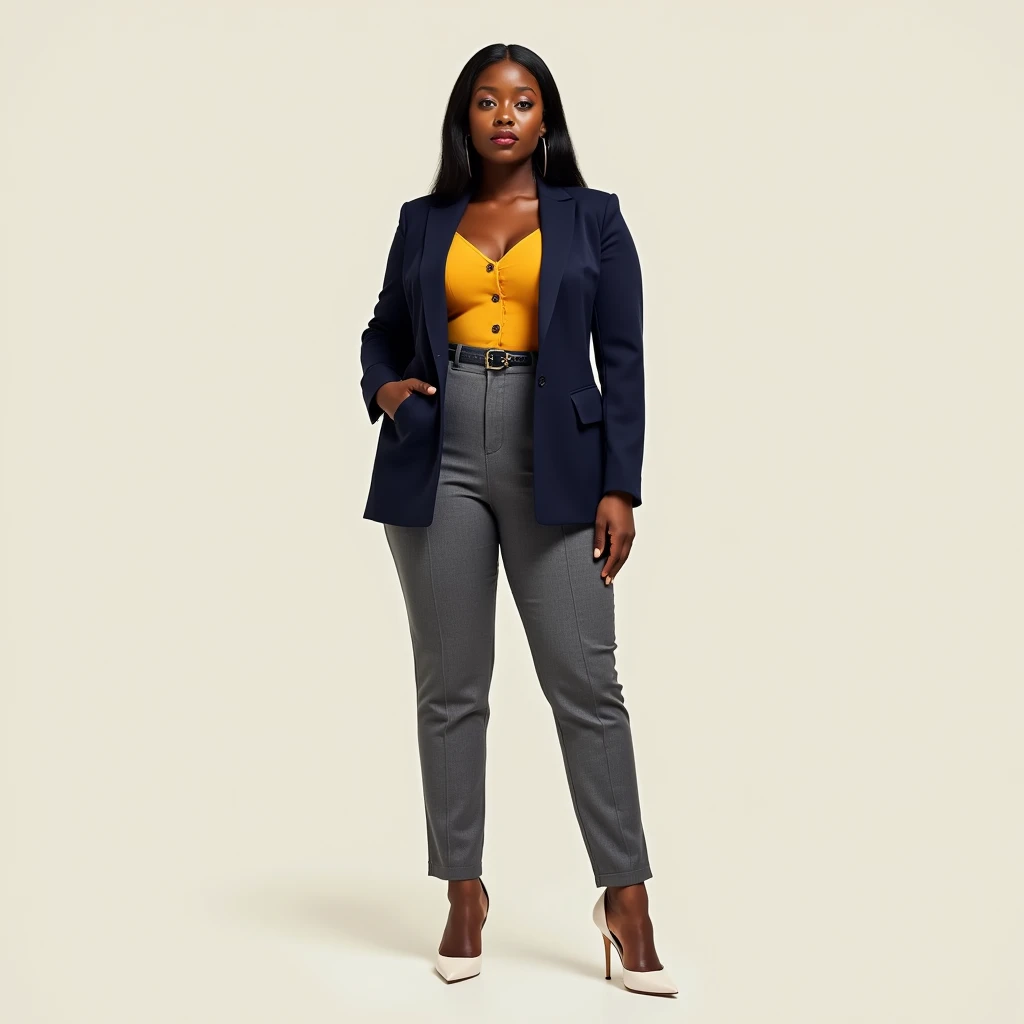 captured with a Sony α7 III camera, young Black American, an narrow waist, wide hips, and a full bust. The proportions are highly stylized, with a sharp contrast between the tiny waist and the expansive curves of the hips and chest, full body shot, fitted blazer Deep navy in color above the hip line, belted blazer is closed showing her hourglass body, inner Blouse Mustard yellow, straight cut trousers grey in color, high heels white, standing straight, creamy white background.