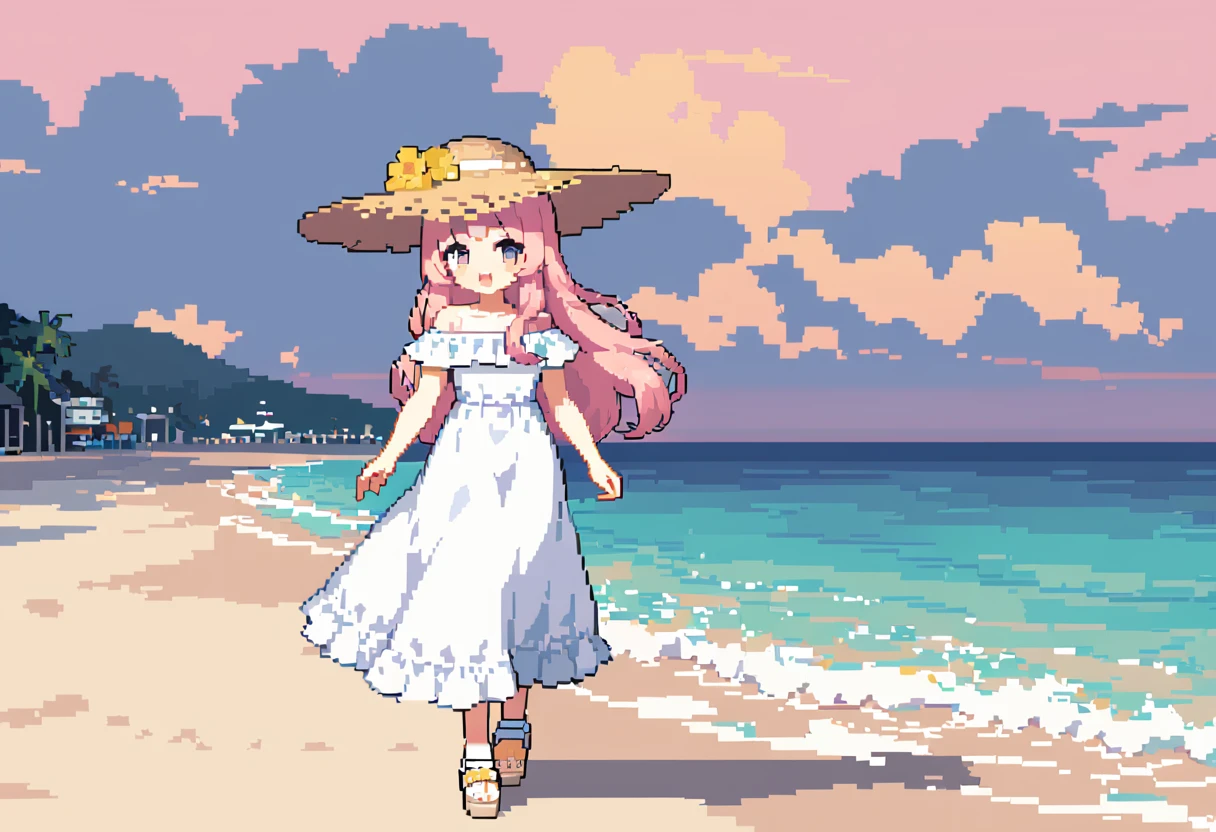 masterpiece, Highest quality, 8k, \(Pixel art, Vivid, Highest quality\), \((One person)), (young woman, Open your mouth, Fluffy hair, Long Hair, Hair like sheep's hair, Pink Hair, eyebrow, 太いeyebrow, White dress, Straw hat, High heel sandals\), (Highest quality:1.0), (\Seaside, Walking on the beach, evening\), 1 sheep