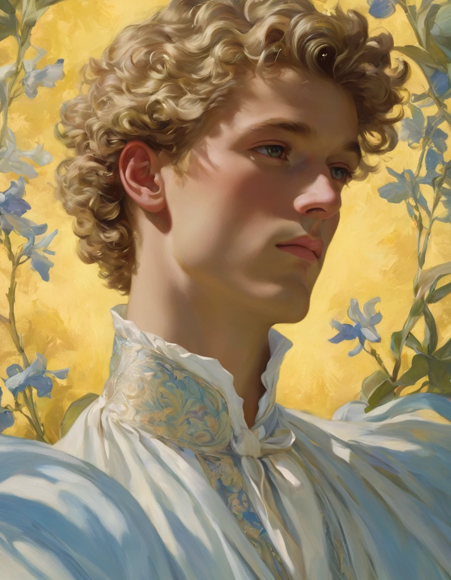 candid an half body photo of prince charming, 1 male supermodel, attractive and exotic, short curly blonde hair, a masculine appearance with slender smooth body, delicate and symmetrical face, natural olive skin tone, stand pose, (head up), closed eyes, side angle view, inspired by Irises by Vincent Van Gogh 18, he is wrapped in classical drapery sheer pastel color fabric, with flowing dramatically in the strong wind, some fabric to billow as if caught, The composition include mythological elements, such as a backdrop of a serene with a golden sunrise, sky background, Illuminate the scene with soft diffused lighting to create a dreamlike, celestial atmosphere, capturing the delicate interplay of light and shadow on his face and body. ((full body shot)), wide-angle lens on a high-resolution DSLR camera to capture the grandeur and intricate details of the setting, while shooting from a dynamic angle to emphasize the model's majestic presence. The overall mood should blend the classical elegance of Botticelli's work with a modern, high-fashion aesthetic, producing an image that feels both timeless and contemporary, adding the Two Cherubs in the sense to balance and harmony the photo, evoke the soft ethereal quality of the Renaissance style, POV, raw photo, ((masterpiece)), ((best quality)), High Resolution, (ultra_realistic), (photorealistic), (NSFW), ((Pay attention to the layer and arrangement of body and surrounding)), ((Pay attention to the body composition)), ((Correct body structure)), ((Correct distance)), romantic atmosphere, lively extremely Gorgeous background,