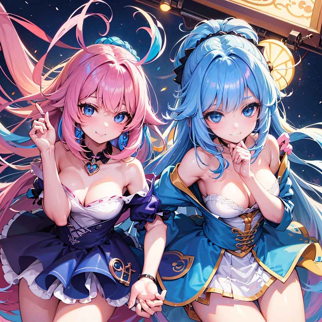 (work of art), (((highest quallity)), (super verbose), 1 girl, (iridescent hair, colored hair, half blue and half pink hair: 1.2), , (yukphia: 1.2), open air, bangss, ssmile, sky blue eyes, perfect hands, perfect hands, Hand details, Corrected fingers. aretes, Night Shop + fund, gazing_phi_viewer, cowboy shot, Maximum quality, rich details details, Perfect image quality,