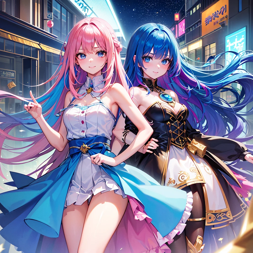 (work of art), (((highest quallity)), (super verbose), 1 girl, (iridescent hair, colored hair, half blue and half pink hair: 1.2), , (yukphia: 1.2), open air, bangss, ssmile, sky blue eyes, perfect hands, perfect hands, Hand details, Corrected fingers. aretes, Night Shop + fund, gazing_phi_viewer, cowboy shot, Maximum quality, rich details details, Perfect image quality,
