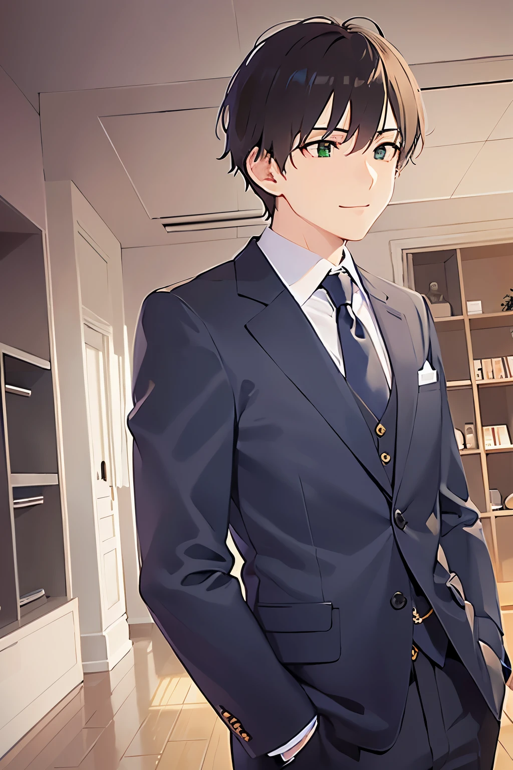 side angle, (looking away:1.5),upper body、shiny skin、masterpiece、Highest quality、BREAKld male:1.5) and (Brown short hair) and (Green Eyes)BREAK、 BREAK (Wearing a suit:1.5) and (Green tie：1.5)BREAK、 (smile:1.3),open mouth,Are standing、The background is the office、(alone:1.5)