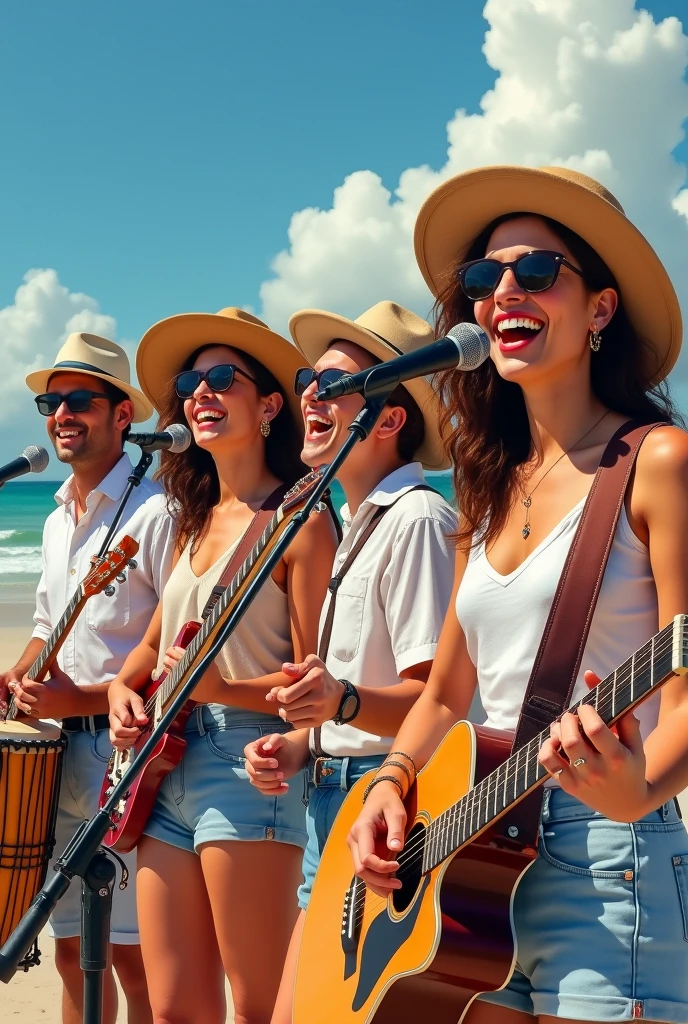 Group emoticon 2 women singing and 3 men on instruments , smiling with dark glasses , coastal hat, drums and maracas , a gouache , microphones