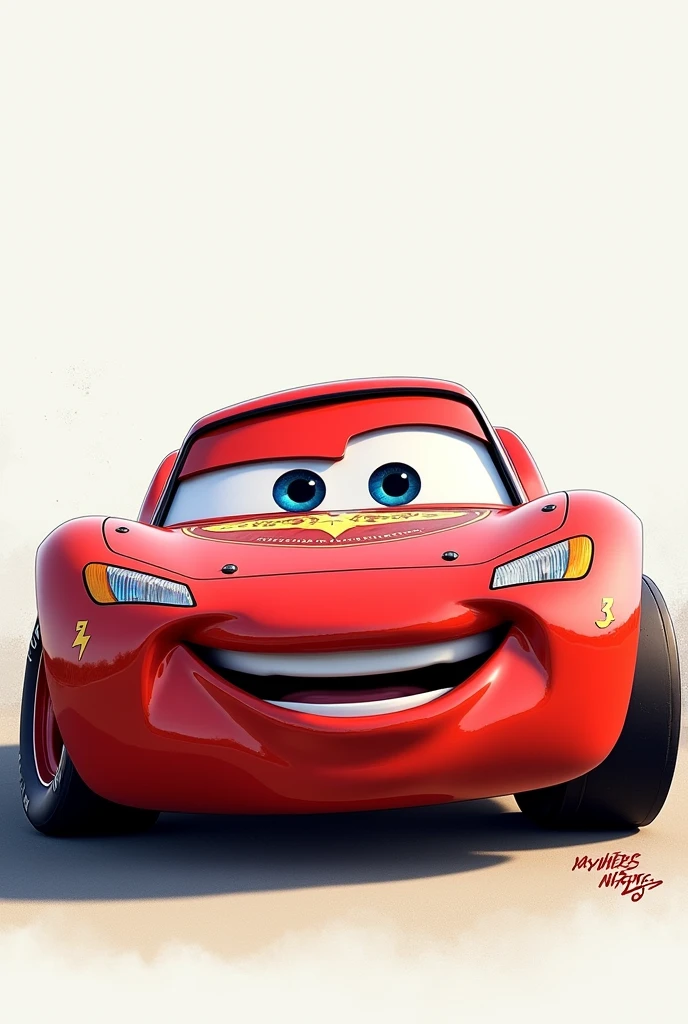 lightning mcqueen from the front,  Grinning, as if it were a drawing