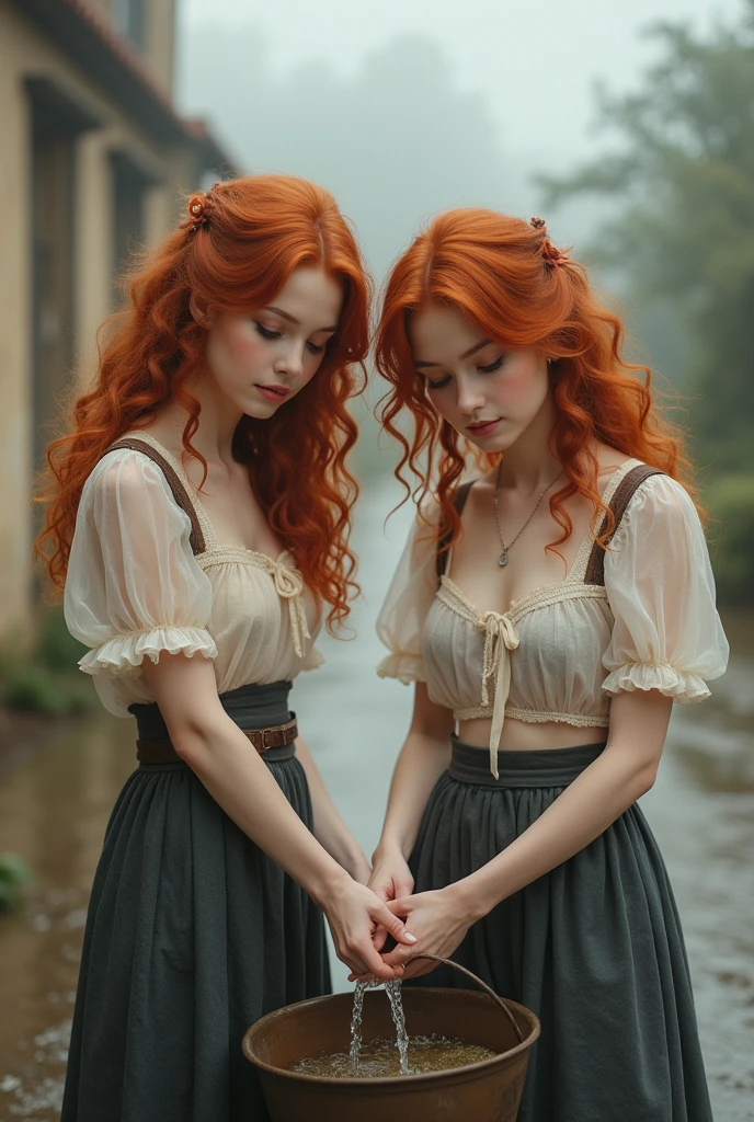 2 girl, redheadwear, curly hair, pours water from a bucket in front of his house to clean the street, typical of the villages of Provence. transparent blouse , allowing you to see the contour of your breasts. floor, Foggy, David Hamilton Style.