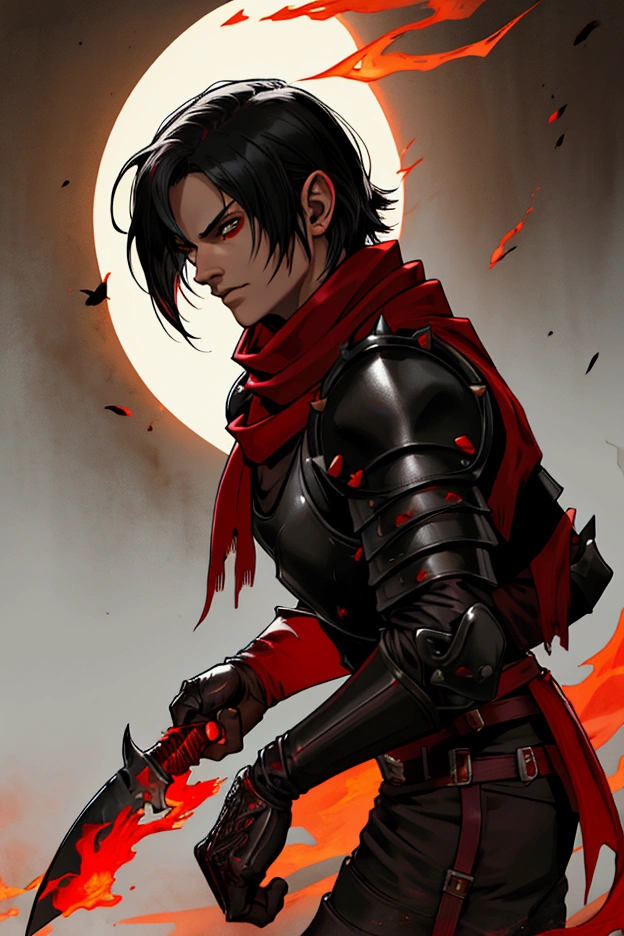 Leon Kennedy; black hair; Red  color scarf , black Studded Leather Armor ;tiefling, firebending, fire, flame, hell, summer, demon, two fire daggers; Mars