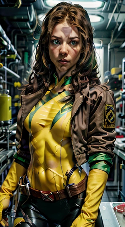 (Dark shot: 1.1), Epic realistic,Evangeline Lily cos-play as Rogue from X-Men, lone woman, exuding beauty and seriousness, piercing green eyes, cascading dark brown hair with a single white streak, adorned with a green headband, clad in a judgement-day green and yellow bodysuit, topped with a jacket and cinched with a belt, matching yellow gloves revealed as she opens her jacket, in a high-tech laboratory, meticulously crafted by renowned artists Greg Rutkowski and artgerm. Soft cinematic light bathes the scene, filtered through Adobe Lightroom and further refined in a darkroom or using