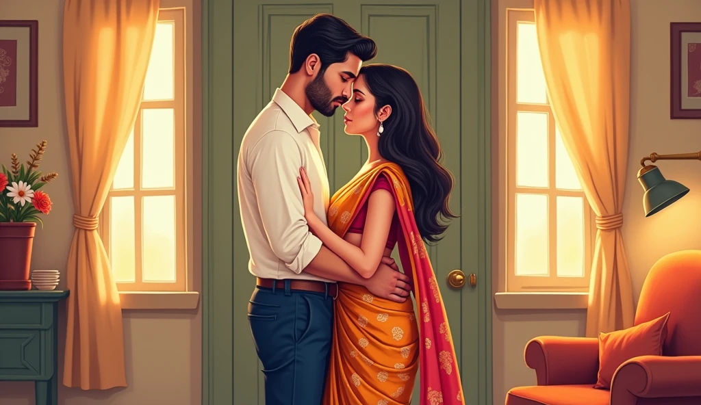 Create an cartoon image of a beautiful women wearing saree in front of her a man standing wearing  white  shirt and blue pant and they were talking to each other inside the house women is in normal expression they are hugging each other and women is crying