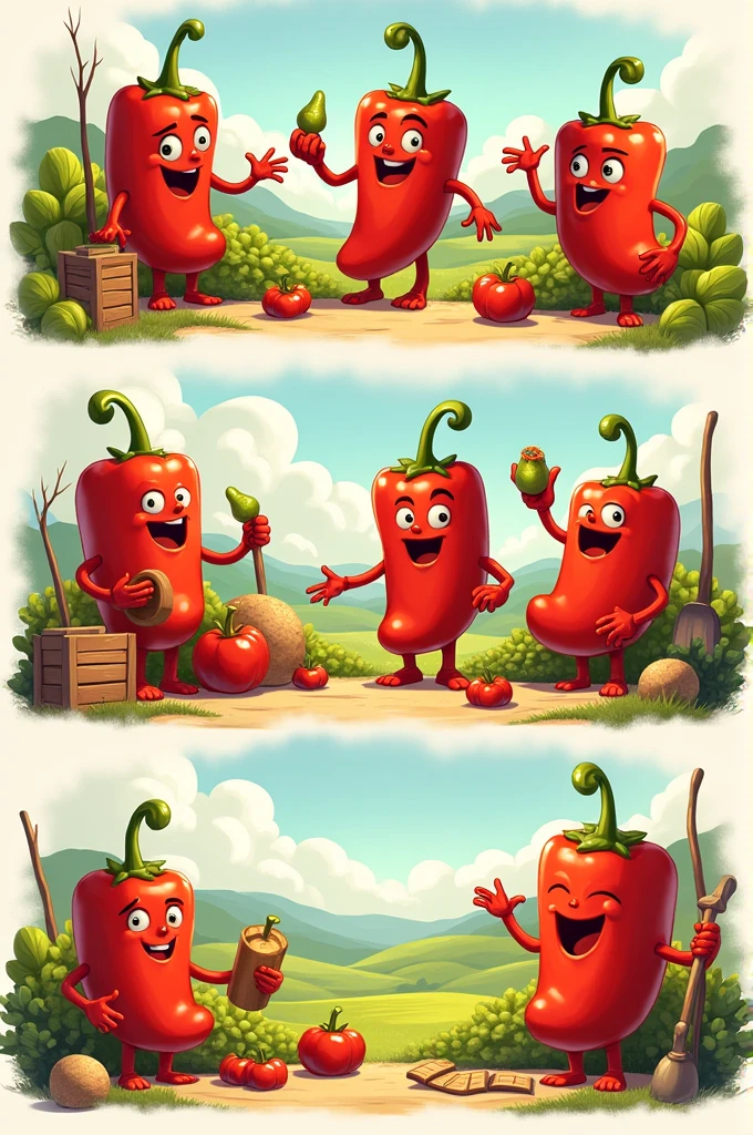 Create 6 MEXIA farms brand images of m8ni animated peppers with props