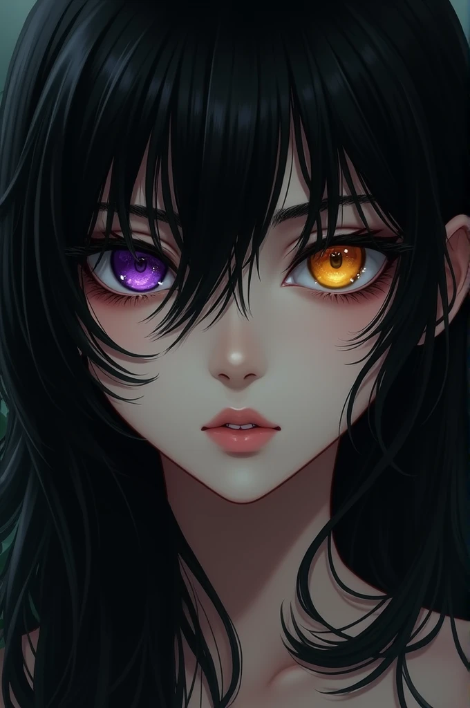 Crow's appearance, she naturally has a rather pale complextion, matched with her black wavy hair and unique eyes her left eye violet and her right eye yellow, and her bangs that always seem to cover her right eye giving her a shy vibe.