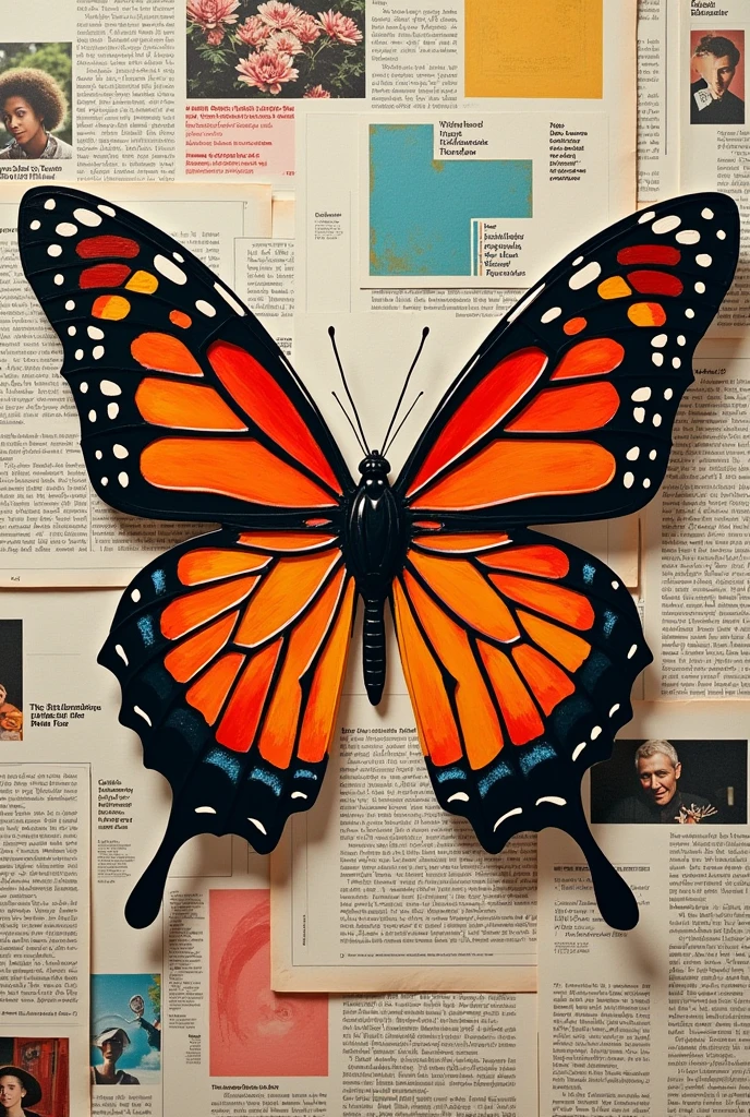 Butterfly shaped icon cut out of a magazine collage style with several newspaper pages behind it, pop art 80s