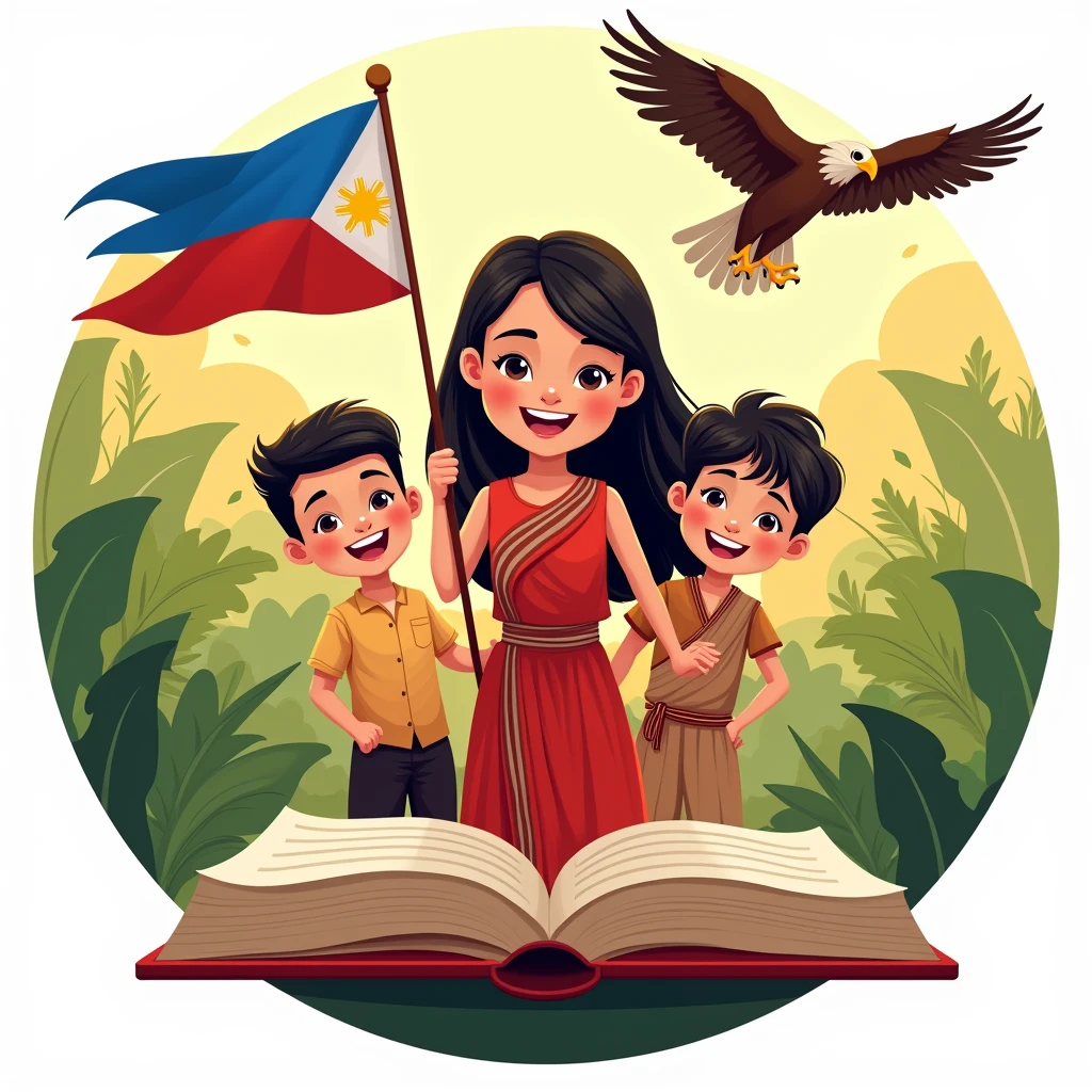 (CARTOONISH)Create a traditional and modern CIRCLE logo for Buwan ng Wika (National Language Month) featuring three people smiling with bright teeth, BROWN skin tone, (half body) standing close together popping from a book in the BACKGROUND, NATURE BACKGROUND, wearing traditional Filipino attire, and a philippine eagle in the back spreading out its wings. The central figure, a girl IN THE MIDDLE ONLY holding the Philippine flag in a traditional Filipino dress consisting of a dirty white blouse (Baro) and a red skirt (Saya). The two accompanying figures, one boy in a barong tagalog and the other one boy dark skin in tribal attire(PHILIPPINES), overall 3. Use the colors of the Philippine flag and any other colors that represent the topic. The composition should be in a fish point of view. (warm tone) (golden hour) (close up of the face), vibrant colors.