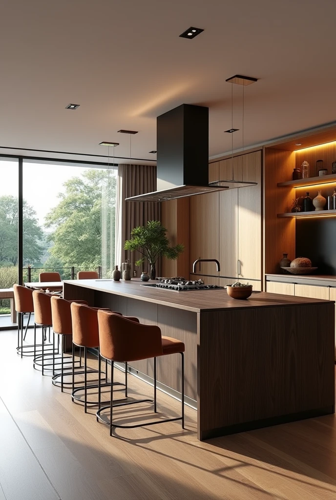 Professional 3d architecture rendering design of modern kitchen with light and dark wooden and velvet modern chairs and dark wood island
