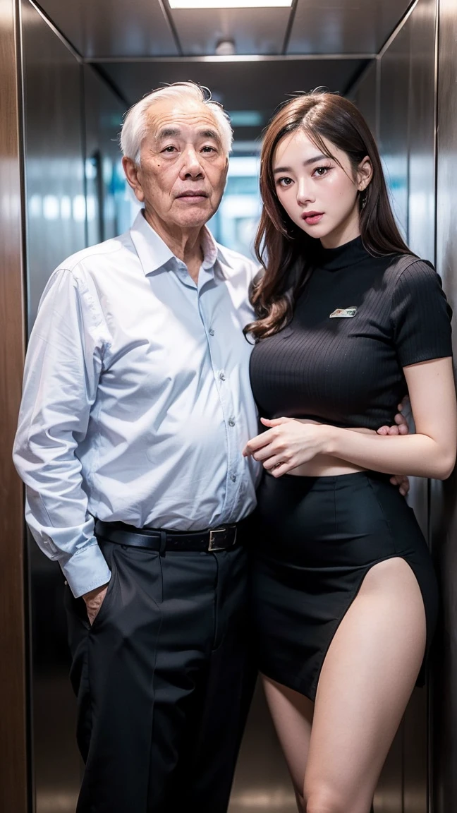 2boys, oldman, Photo of a young asian woman (sandwiched between two old guys), 1girl wearing crop business suit, big , thigh skirt , threesome, in a crowded elevator, detailed character design (masterpiece, photorealistic:1.2), high quality, intricate details, highly detailed background, 8k