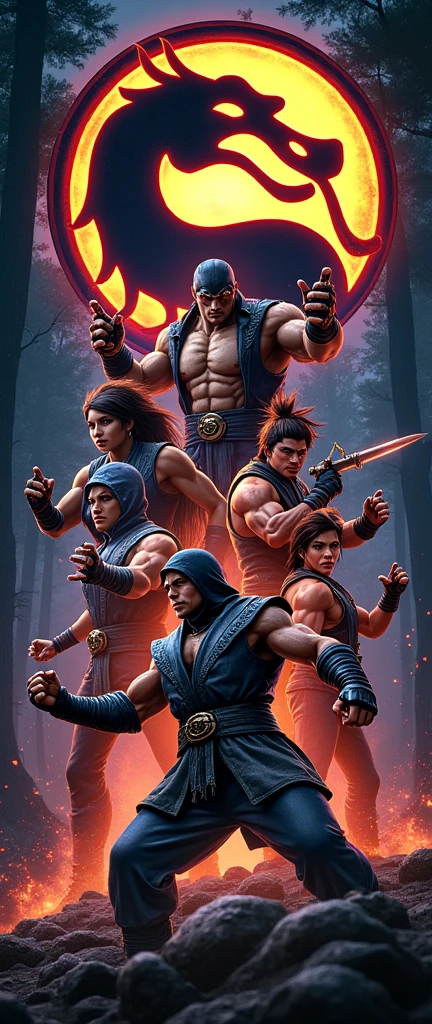  "Por favor, create a classic &#39;Mortal Kombat 3&#39; poster. On the poster, include iconic elements like the dragon logo, forest scenery, include main characters like Sub-Zero in the montage, Scorpion, liu kang, shao khan, striker ,sonia blade in her most recognizable combat poses. The background should have dark and sinister tones., with sparks and lightning effects. The visual style should be reminiscent of semi-realistic 90s art, with vibrant colors and a touch of pixel art."
