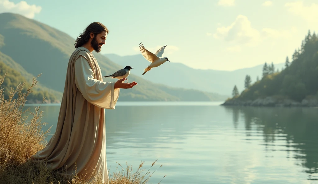 biblical history,
Jesus on the edge of the lake with birds in his hands