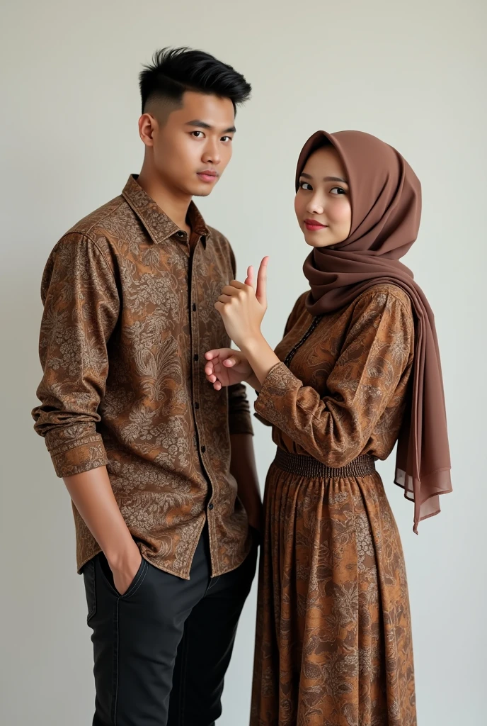 (photorealism ,19 year old Indonesian man with small and thin body (short) haircut (undercut) wearing long-sleeved batik and black jeans ,gesture (hand in pocket) ,with a 1 woman wearing a brown hijab with a batik kebaya and a skirt ,,both facing forward with wink expressions ,background studio