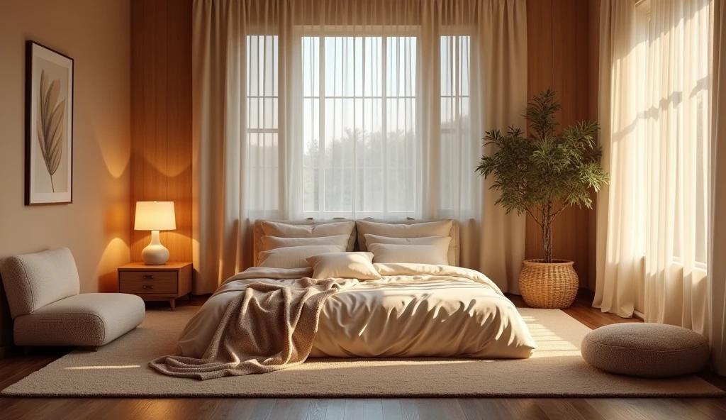 A cozy room, interior, comfortable bed, window,soft textures, detailed design, photorealistic, cinematic lighting, (best quality,4k,8k,highres,masterpiece:1.2),ultra-detailed,(realistic,photorealistic,photo-realistic:1.37),warm colors,soft focus,intricate details