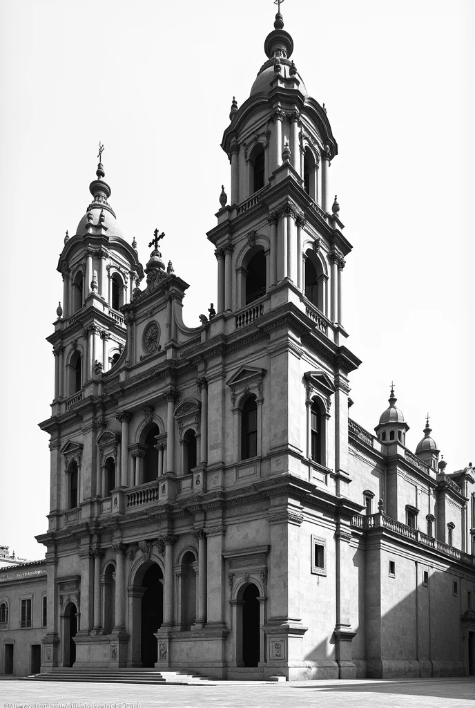 A side view of the Cathedral of Lima, Peru that looks complete and that I can draw in black and white