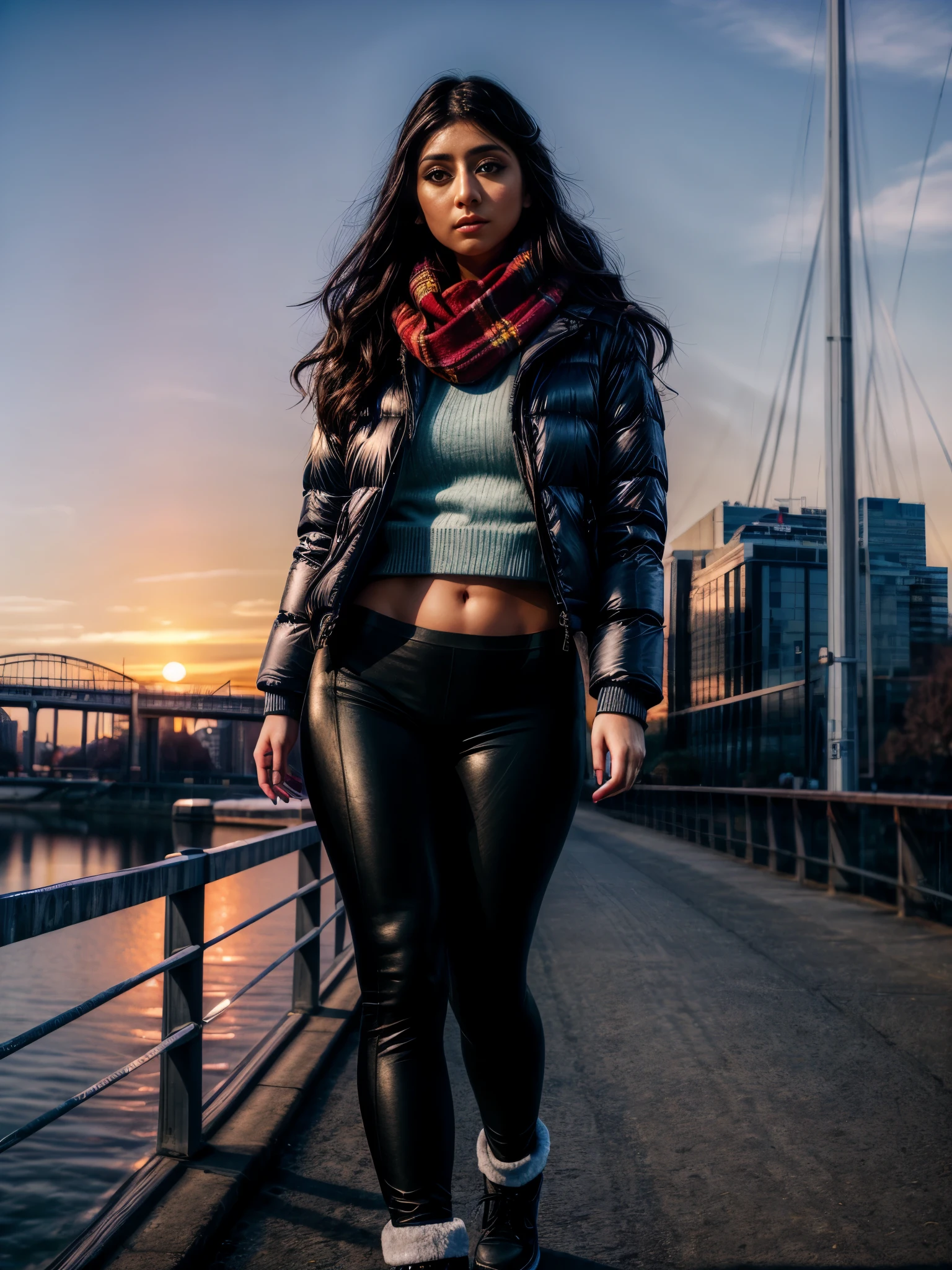 (realisitic), (Hyper-Realism), (photorealisitic:1.4), best qualityer, work of art, VioletMyers, 1 girl, gazing at viewer, make up, detailedeyes, face detailed, (trunk:1.2), wearing winter clothes, puffer branco, booties, scarf, black leggings,  walking on the bridge, sunset, Thu, (windy:1.2) 