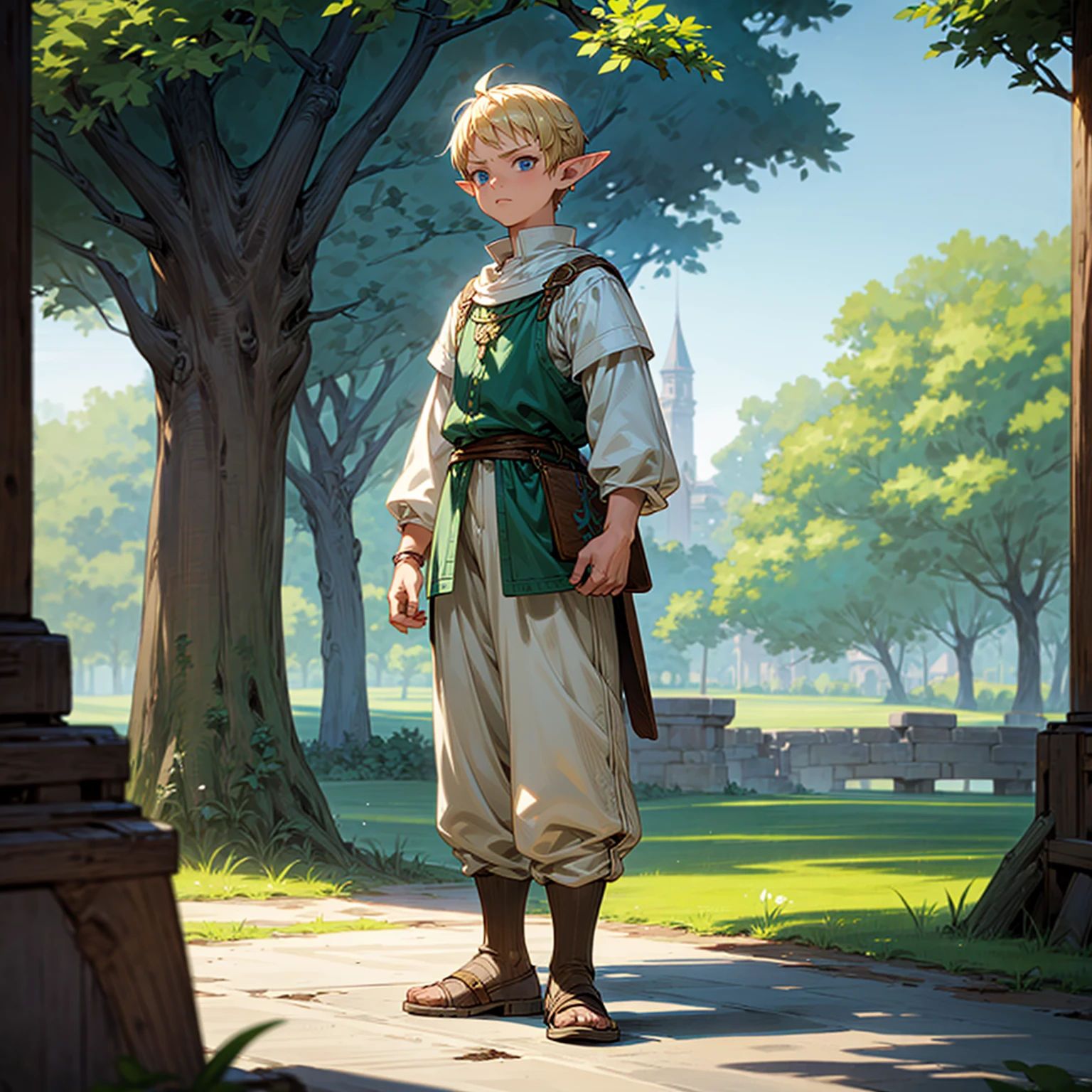 Solo character, full body version, ??? boy, big muscle, (elf), blue eyes, blonde color hair, undercut hair, casual clothing, white color clothing, brown long pants, shoes, outdoor, park, village, medieval, standing gesture, detailed background, detailed clothing, detailed hair, (one piece style art)