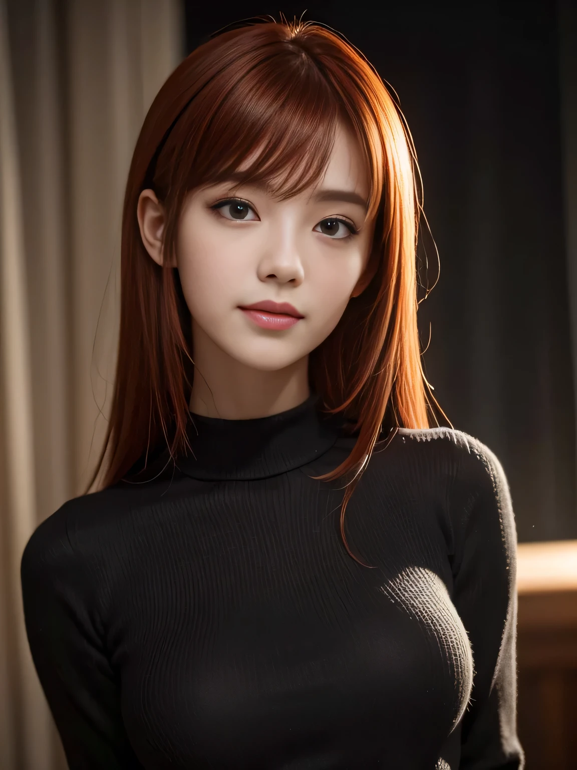 masterpiece, best quality, ultra-detailed, intricately detailed hyperdetailed, realistic, sharp features, highly detailed, sharp focus, perfect face, perfect face, perfect symmetrically perfect eyes, perfect full lips, flexible female form, hyper detailed, hyper realistic, high resolution, vibrant, dynamic studio lighting, Moody Lighting, Underexpose Lighting, ((Dark background)), (discret smile), Red hair, asymmetrical hair, asymmetrical bangs, brown Eyes, black sweater, cowboy shot,