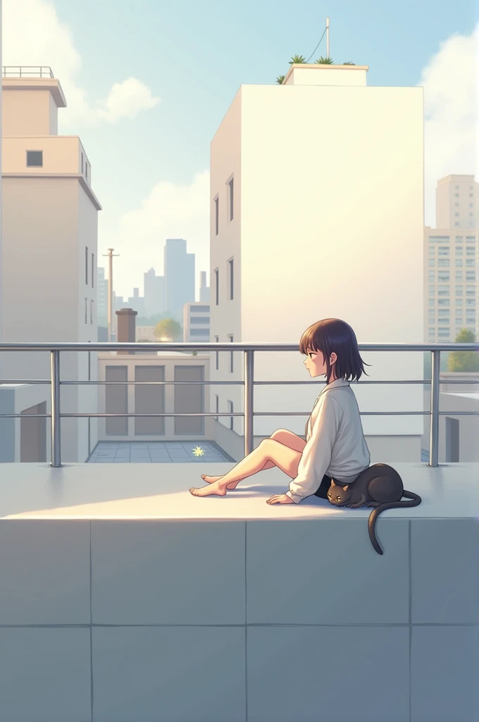 Girl sitting in a rooftop with cat in aesthetic form